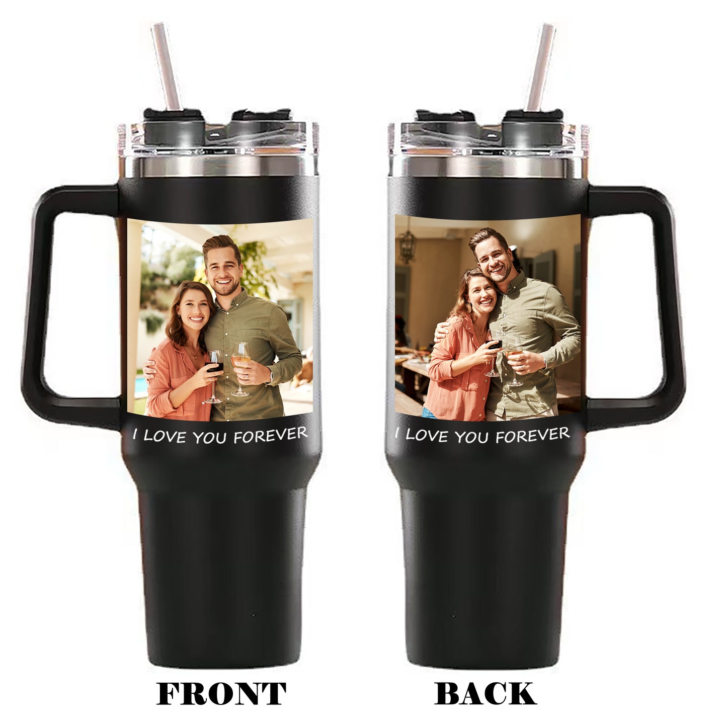 Custom Photo Stainless Steel Tumbler - Insulated Cup with Handle & Straw