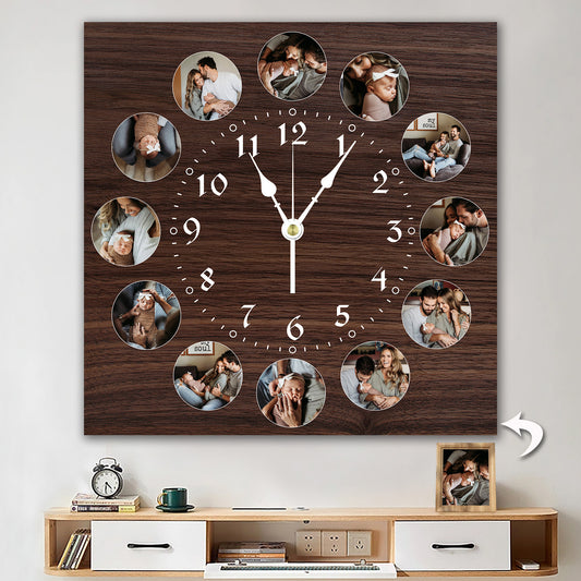 12 Photo Personalized Wall Clock – Custom Picture Collage Clock for Living Room or Gift