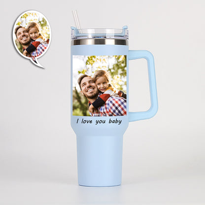 Custom Photo Stainless Steel Tumbler -  Insulated Cup with Handle & Straw