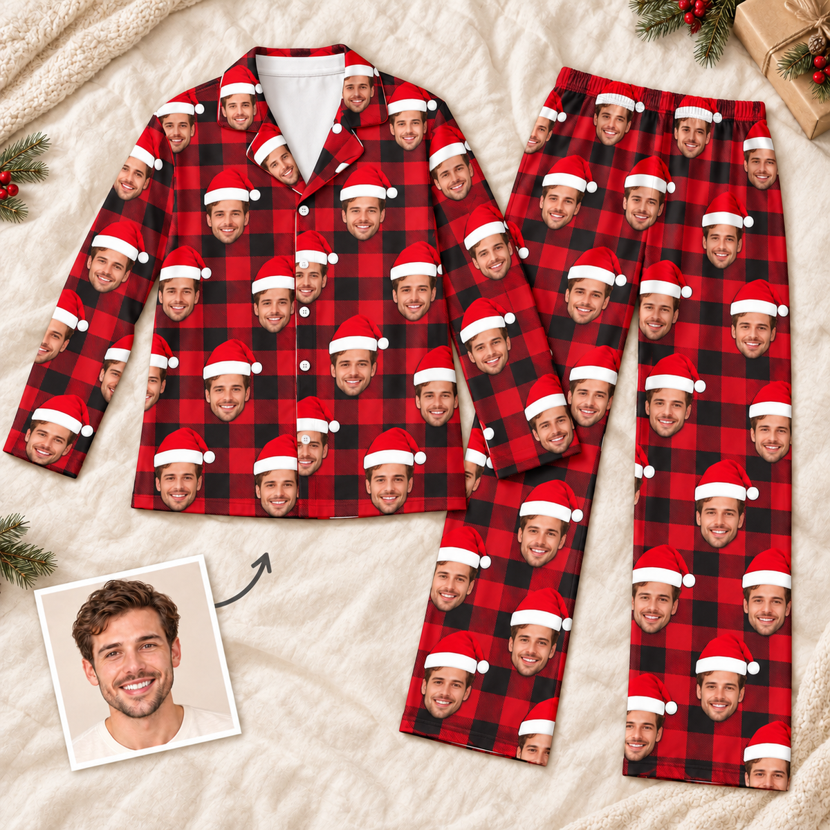 Custom Face Christmas Pajamas – Personalized Red & Black Plaid