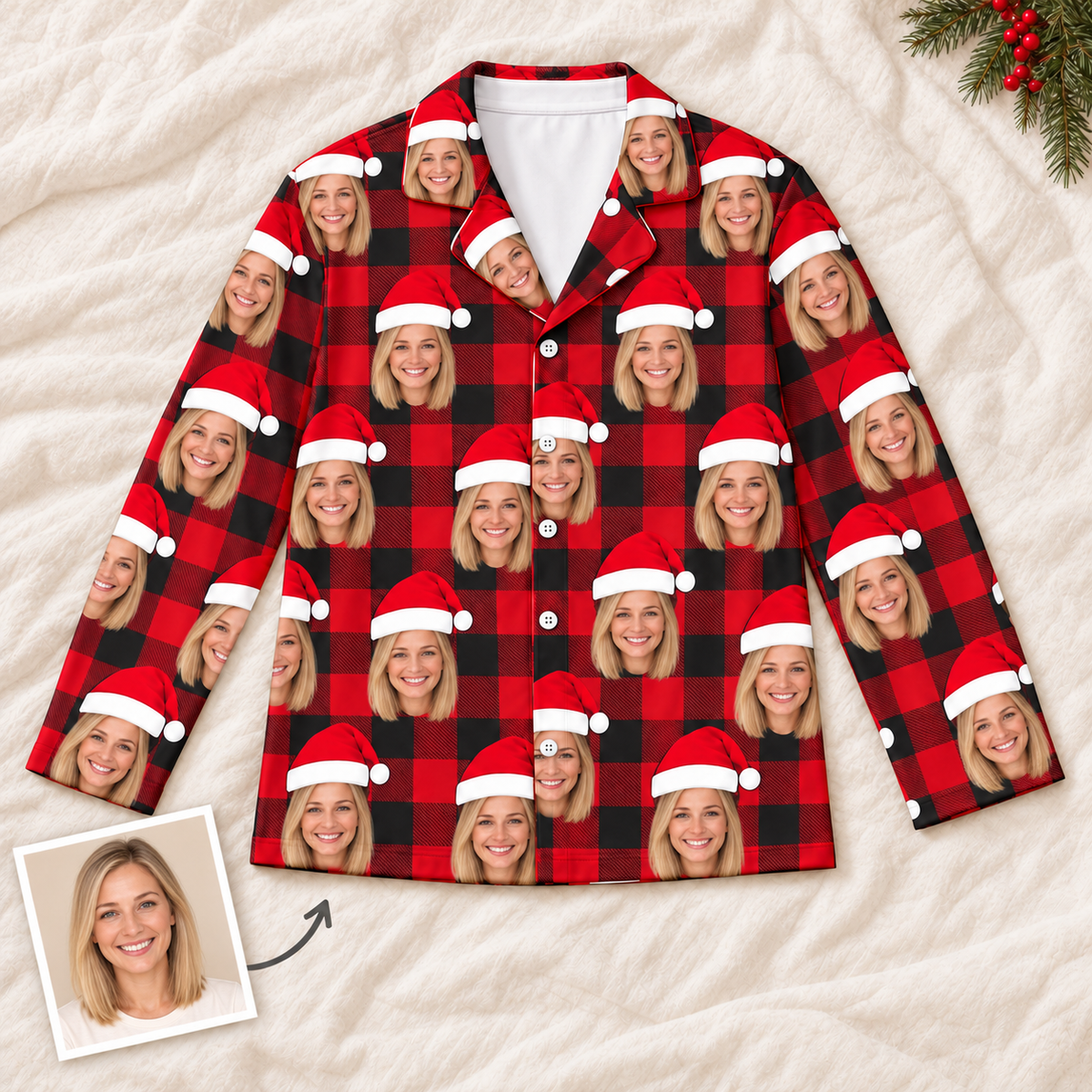 Custom Face Christmas Pajamas – Personalized Red & Black Plaid