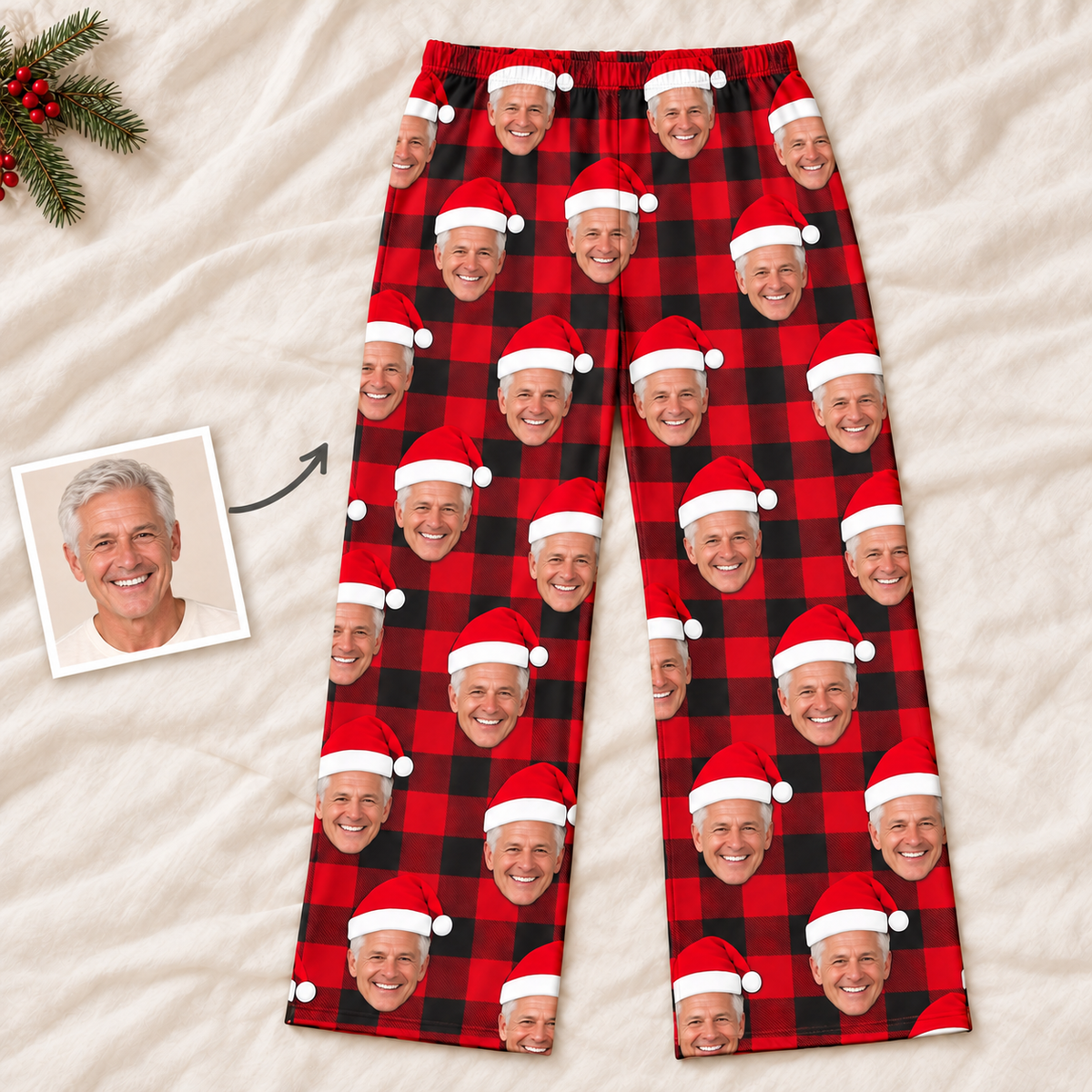 Custom Face Christmas Pajamas – Personalized Red & Black Plaid