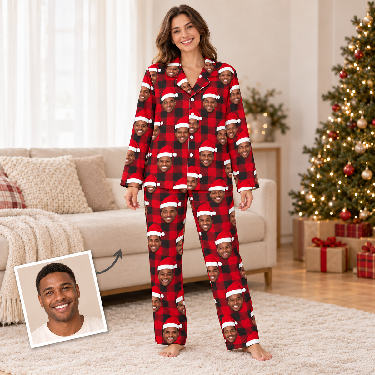 Custom Face Christmas Pajamas – Personalized Red & Black Plaid