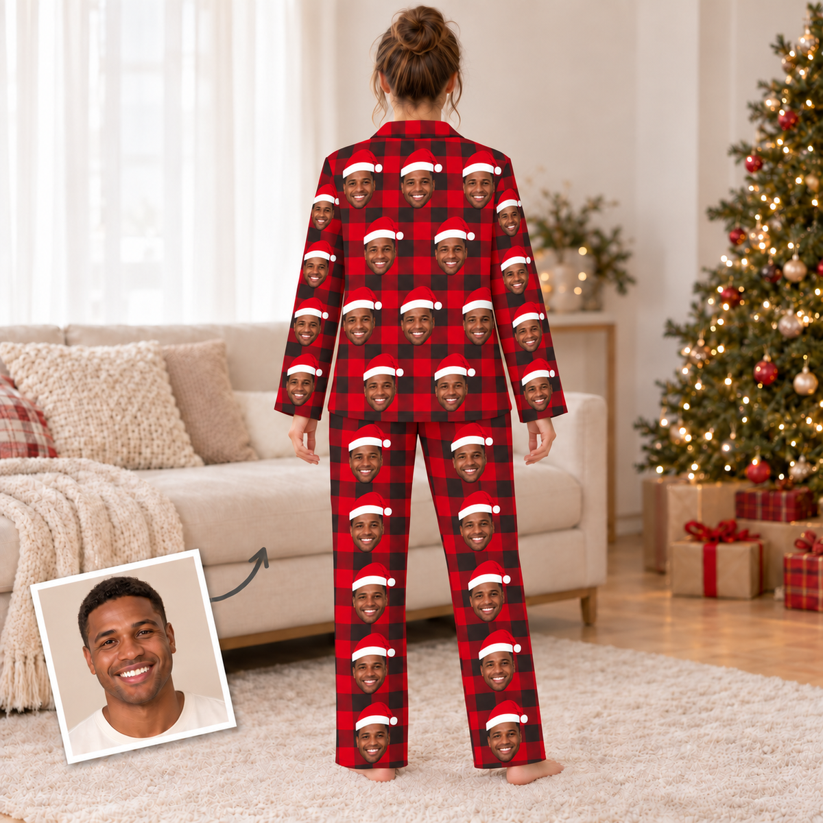 Custom Face Christmas Pajamas – Personalized Red & Black Plaid
