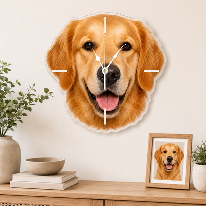 Custom Pet Photo Acrylic Wall Clock – Face-Shaped Design