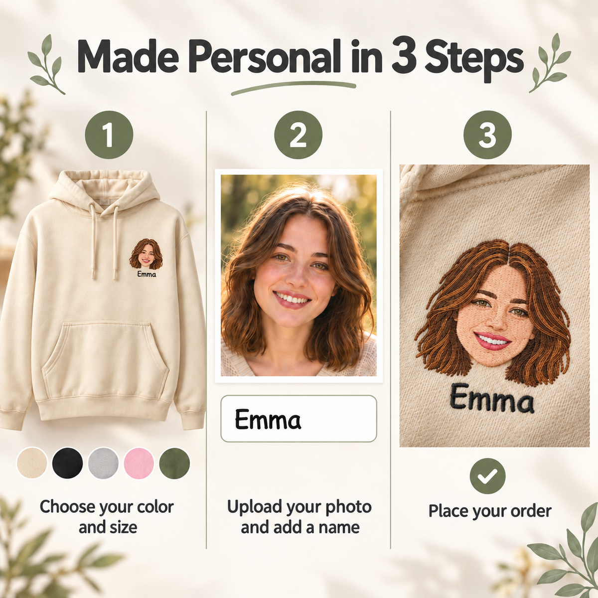 Personalized Portrait Embroidered Hoodie – Custom Face & Name on Left Chest
