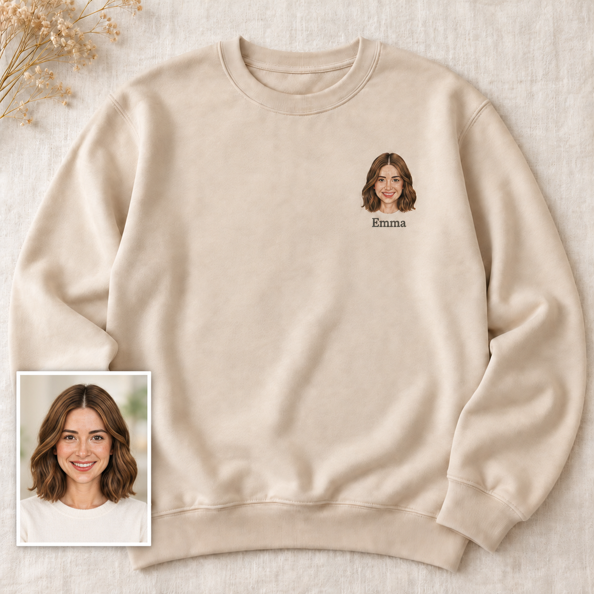 Personalized Portrait Embroidered Crewneck Sweatshirt with Name