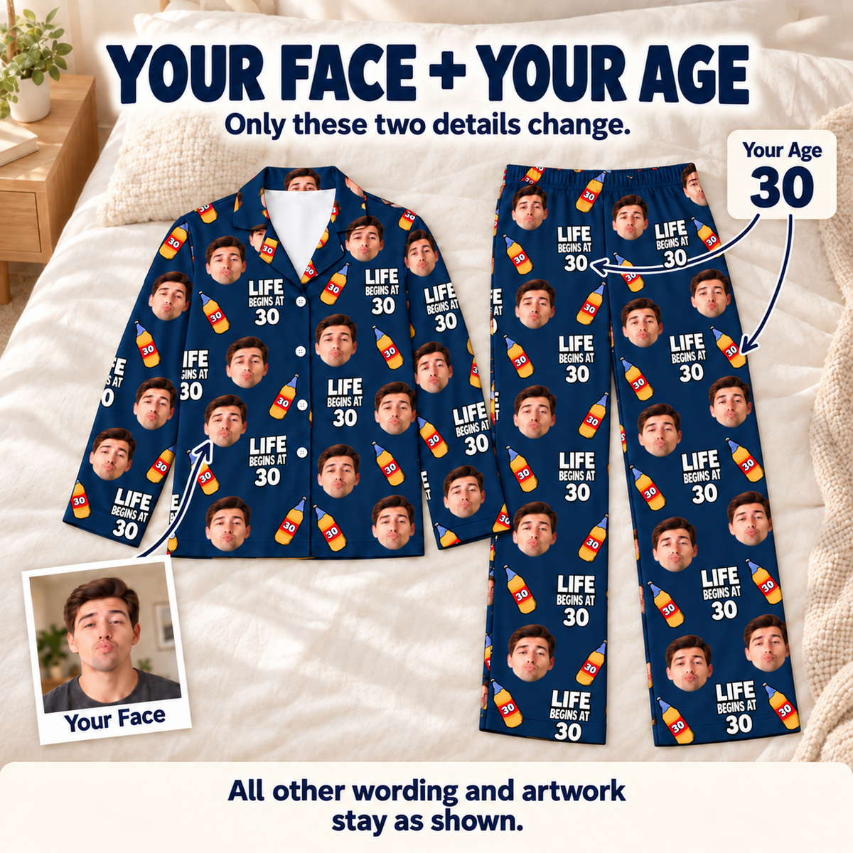 Custom Birthday Pajamas with Face & Age – Funny Personalized Birthday Gift