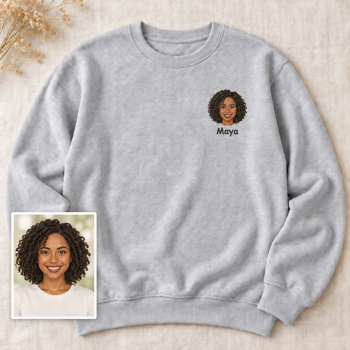 Personalized Portrait Embroidered Crewneck Sweatshirt with Name