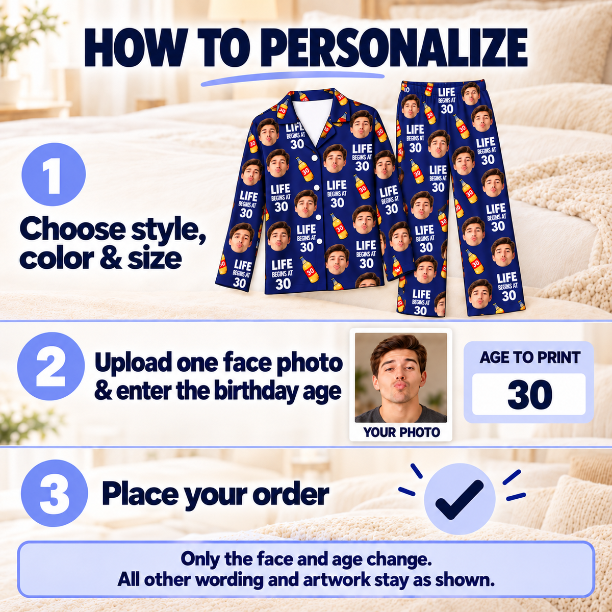 Custom Birthday Pajamas with Face & Age – Funny Personalized Birthday Gift