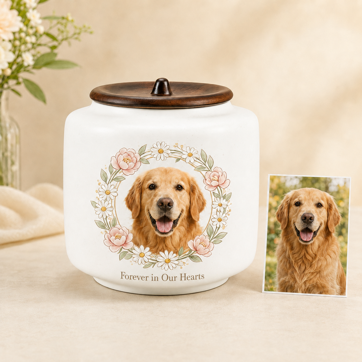 Personalized Pet Urn with Photo & Memorial Text – Custom Ceramic Dog & Cat Urn for Ashes