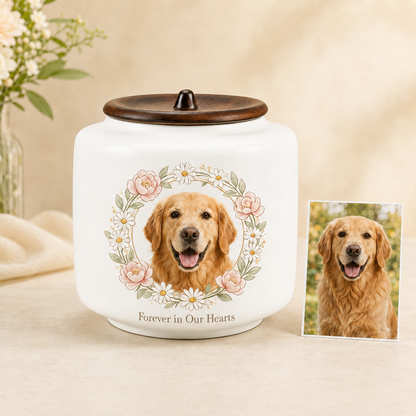 Personalized Pet Urn with Photo & Memorial Text – Custom Ceramic Dog & Cat Urn for Ashes
