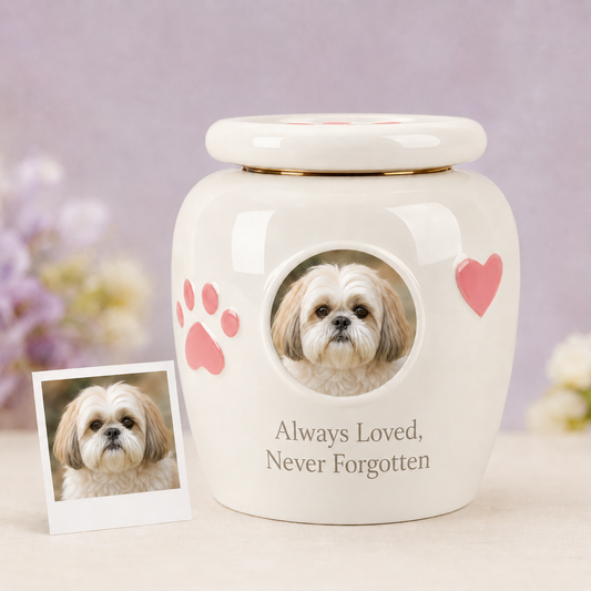 Personalized Pet Urn with Photo & Memorial Text – Custom Ceramic Dog & Cat Urn for Ashes