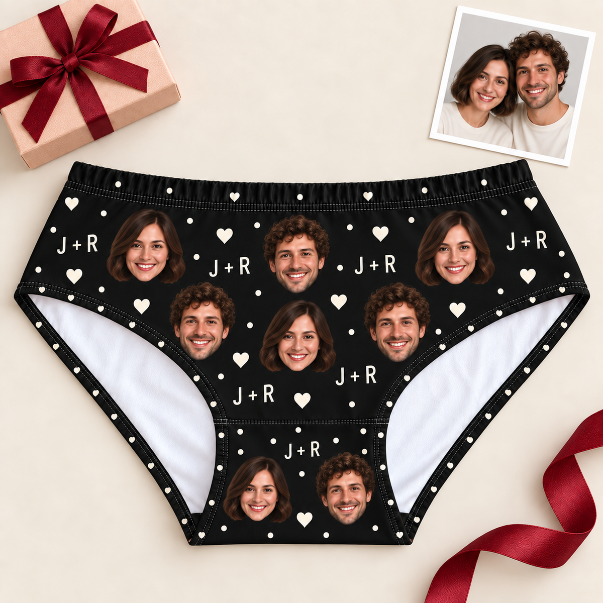 Custom Couple Photo Panties for Women with Hearts & Initials