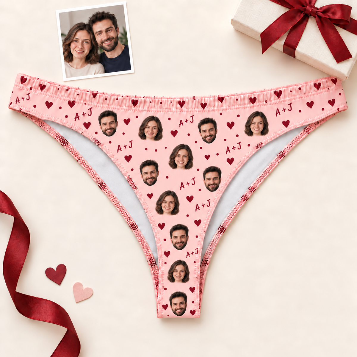 Custom Women's Thong Panties with Couple Photos, Hearts & Initials