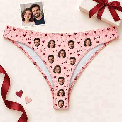 Custom Women's Thong Panties with Couple Photos, Hearts & Initials