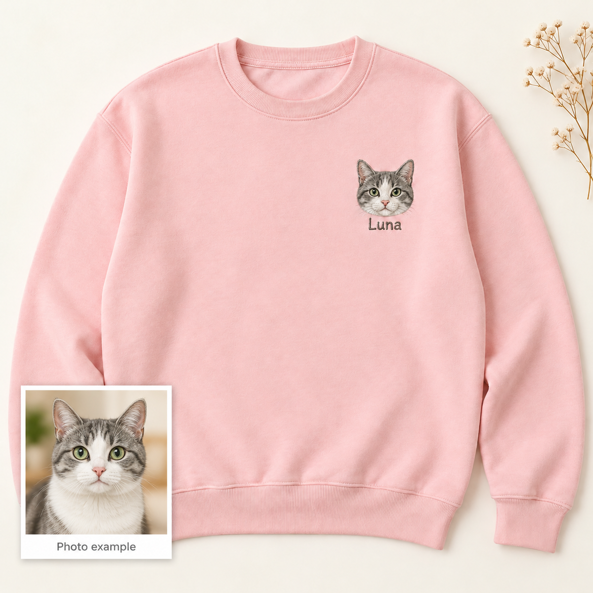 Custom Pet Portrait Embroidered Crewneck Sweatshirt with Name