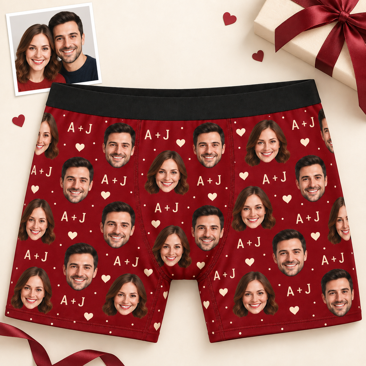 Custom Couple Photo Boxer Briefs for Men with Hearts & Initials