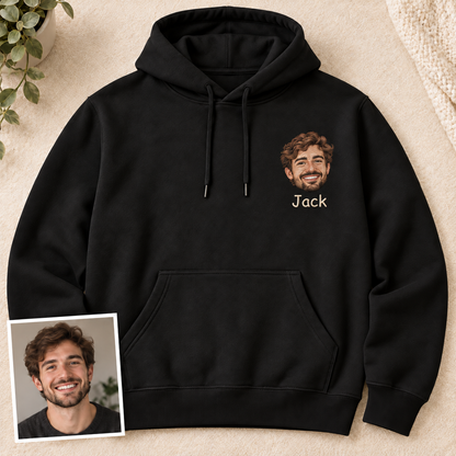 Personalized Portrait Embroidered Hoodie – Custom Face & Name on Left Chest
