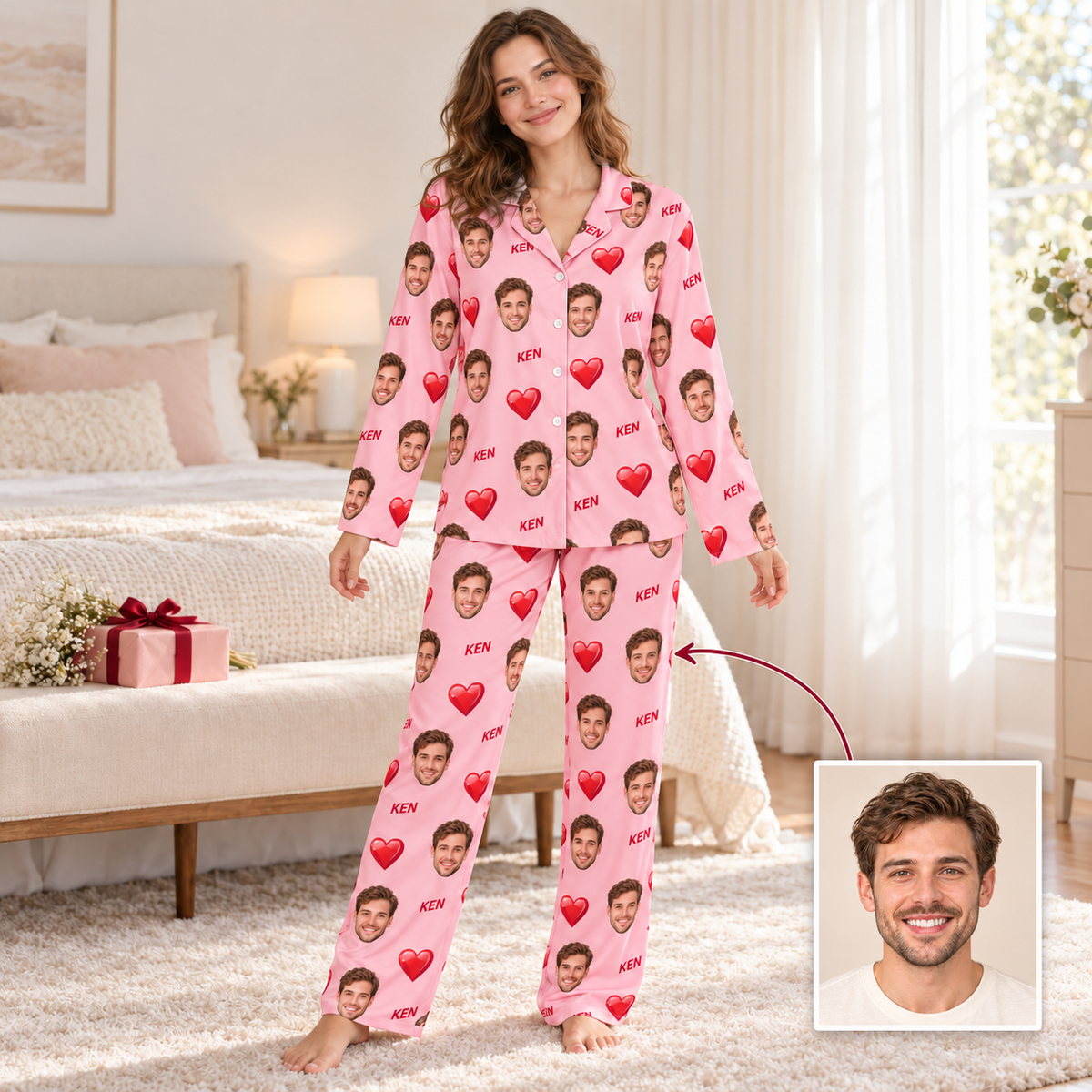 Custom Face & Name Pajama Set – Long Sleeve Heart Print