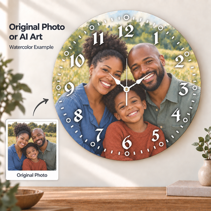 Personalized Round Photo Wall Clock – Original Photo or AI Art