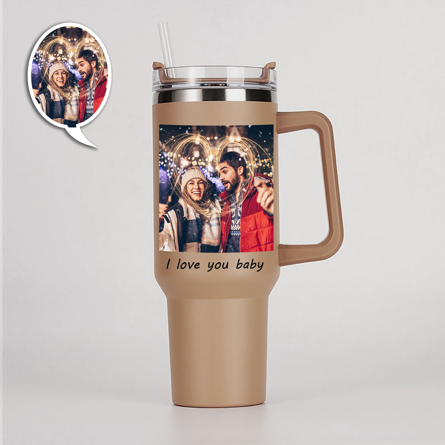 Custom Photo Stainless Steel Tumbler -  Insulated Cup with Handle & Straw