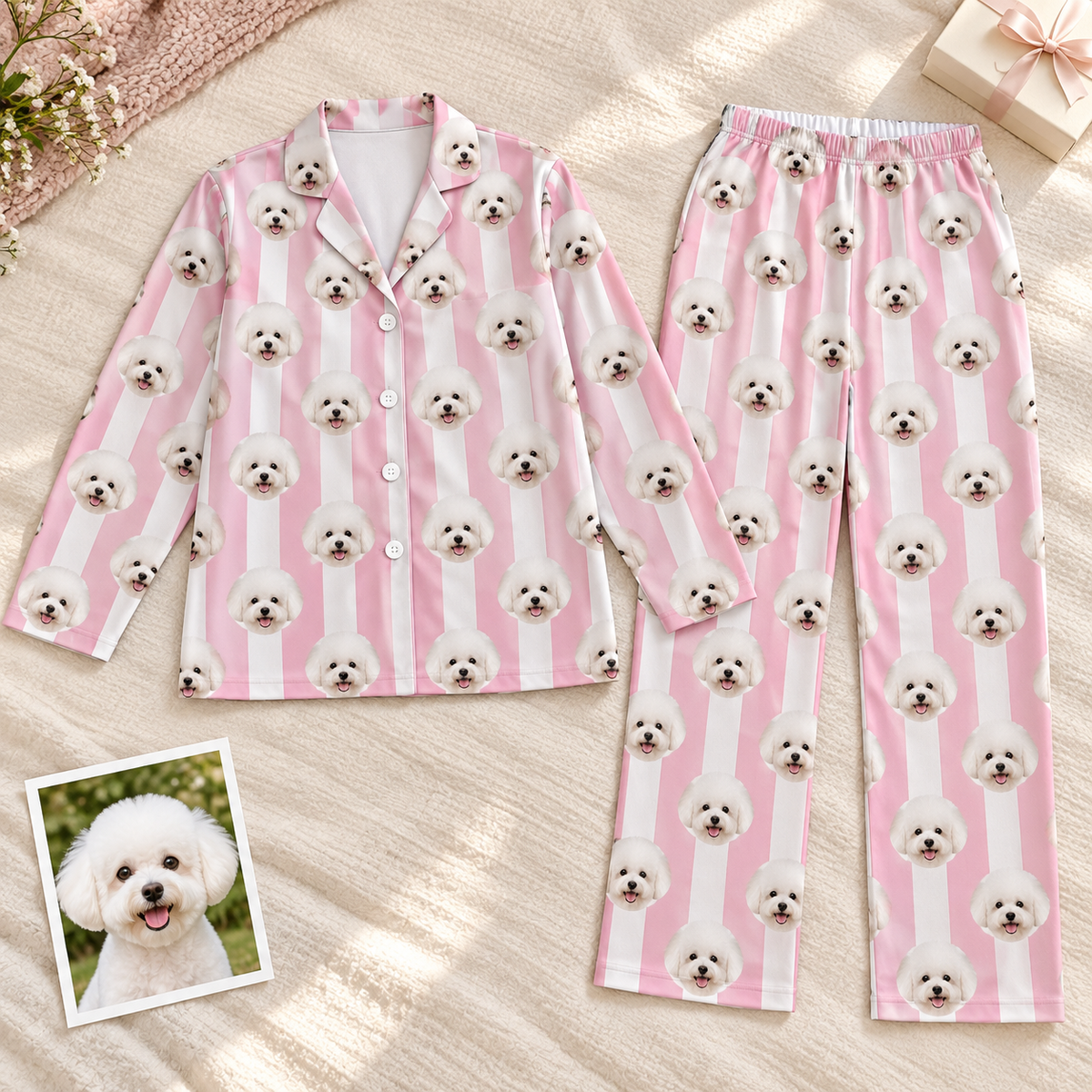 Custom Pet Photo Striped Pajamas – Personalized Dog & Cat Face Sleepwear