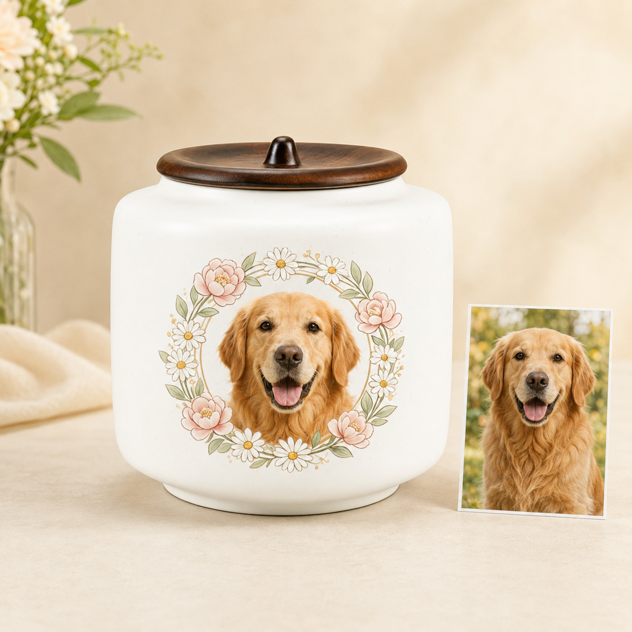 Personalized Pet Urn with Photo & Memorial Text – Custom Ceramic Dog & Cat Urn for Ashes