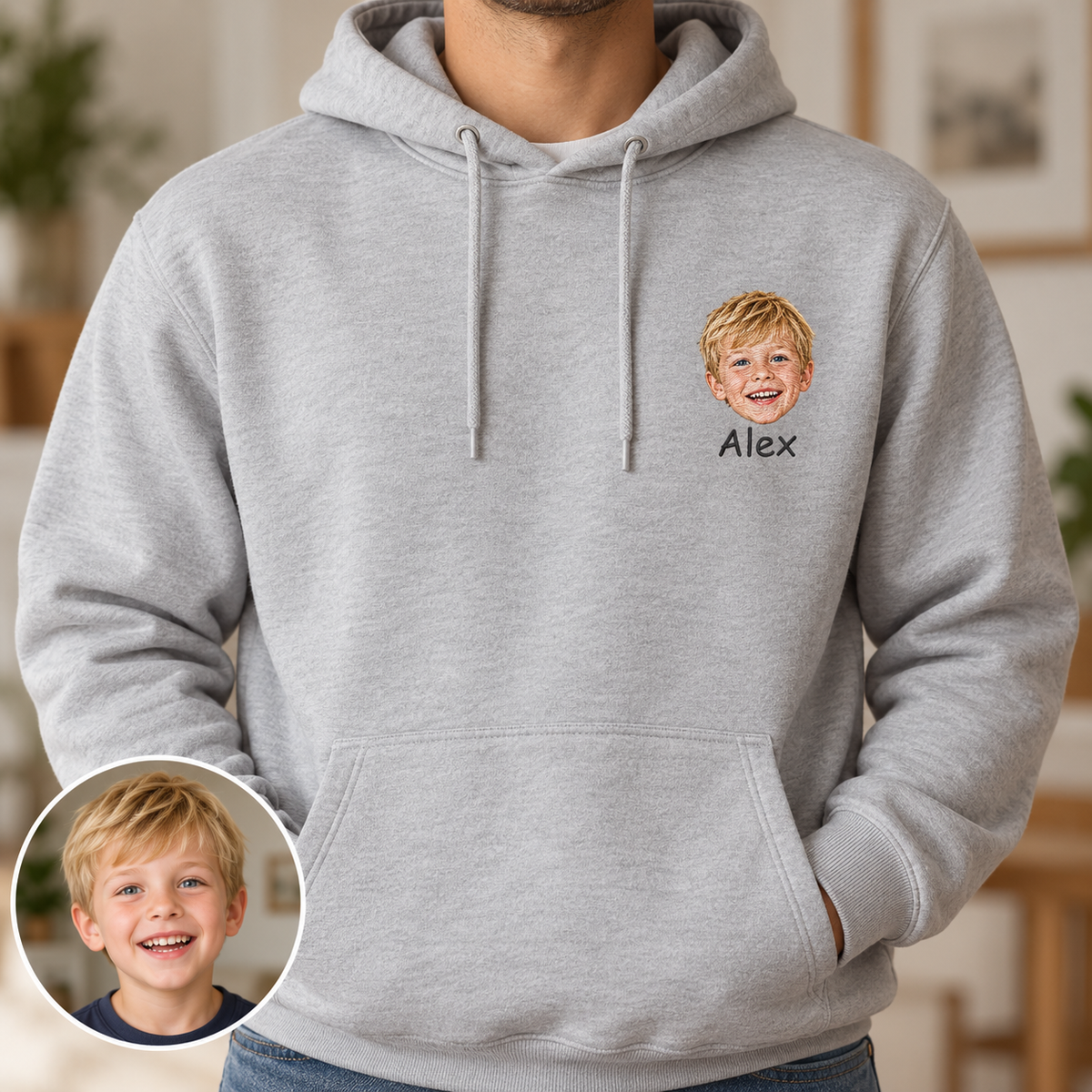 Personalized Portrait Embroidered Hoodie – Custom Face & Name on Left Chest