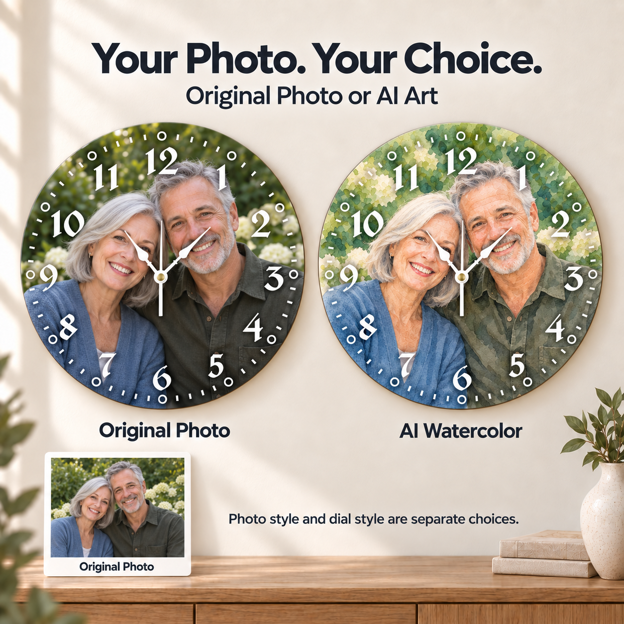 Personalized Round Photo Wall Clock – Original Photo or AI Art