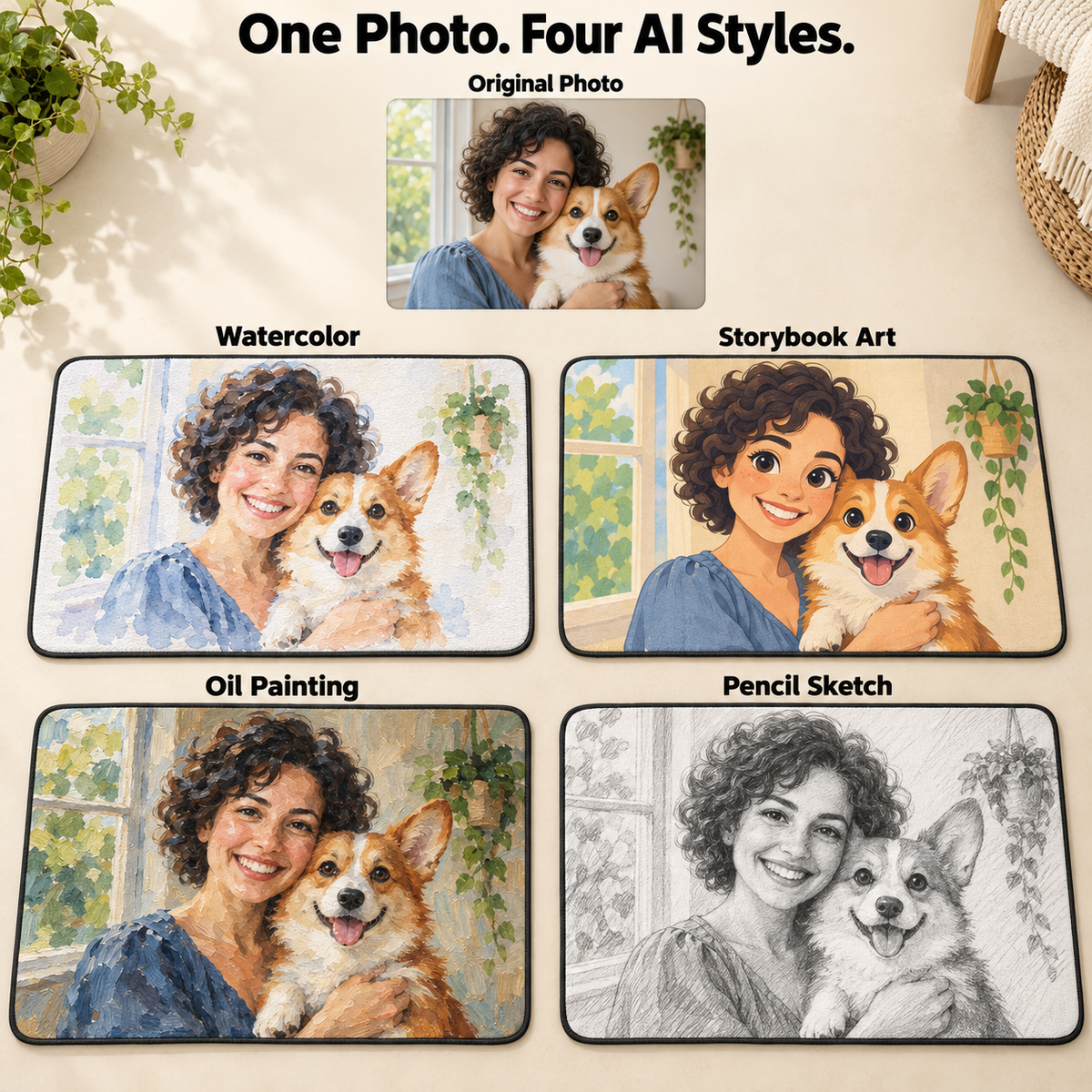Personalized Photo Rug & Floor Mat – Custom Photo or AI Art, Washable & Anti-Slip