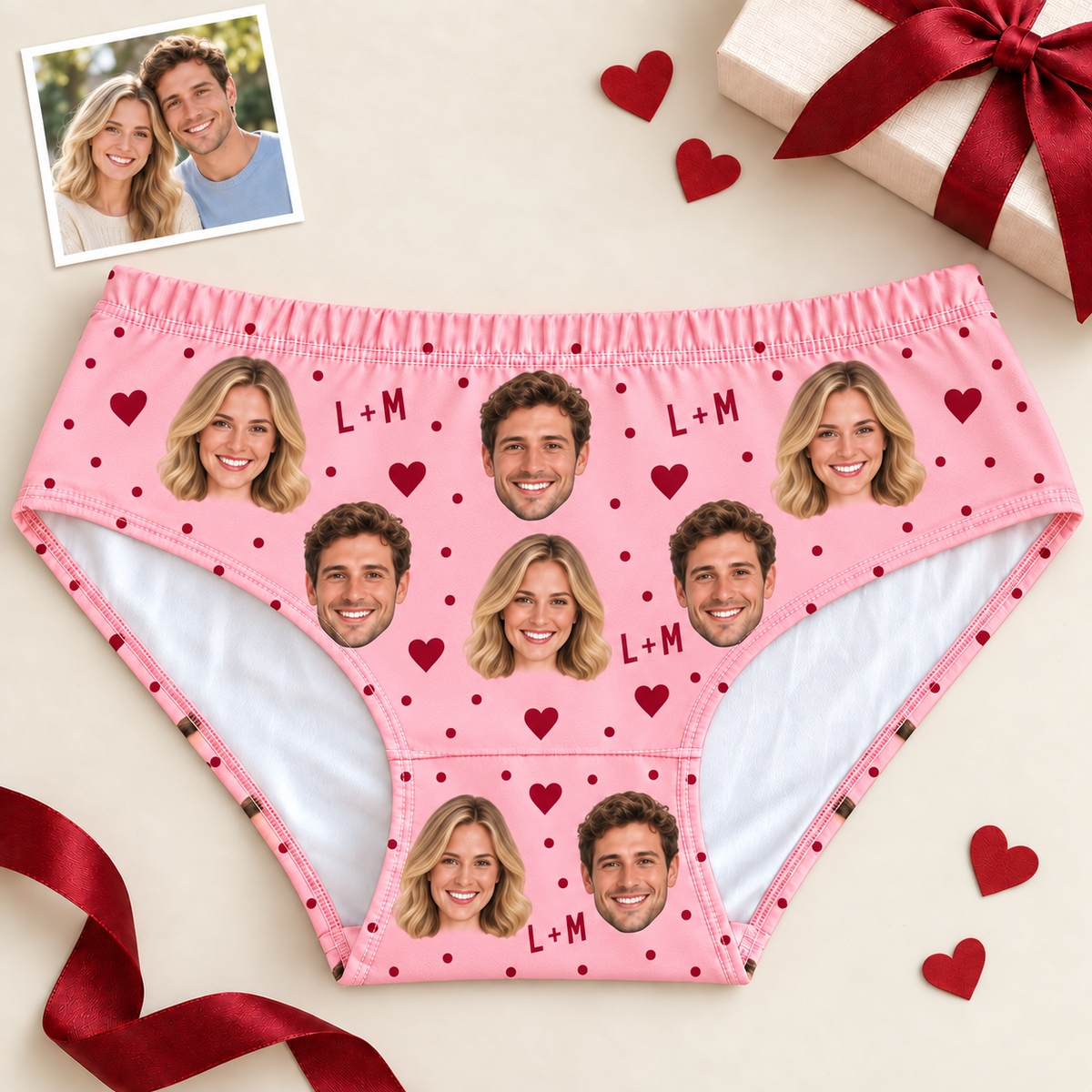 Custom Couple Photo Panties for Women with Hearts & Initials