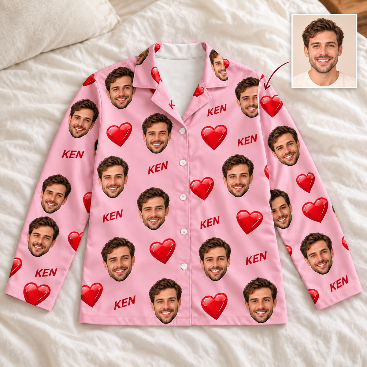 Custom Face & Name Pajama Set – Long Sleeve Heart Print