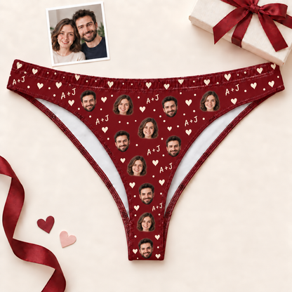 Custom Women's Thong Panties with Couple Photos, Hearts & Initials