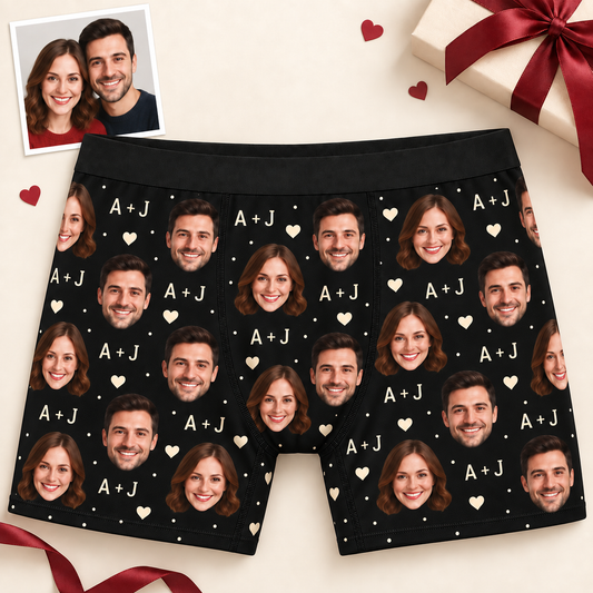 Custom Couple Photo Boxer Briefs for Men with Hearts & Initials