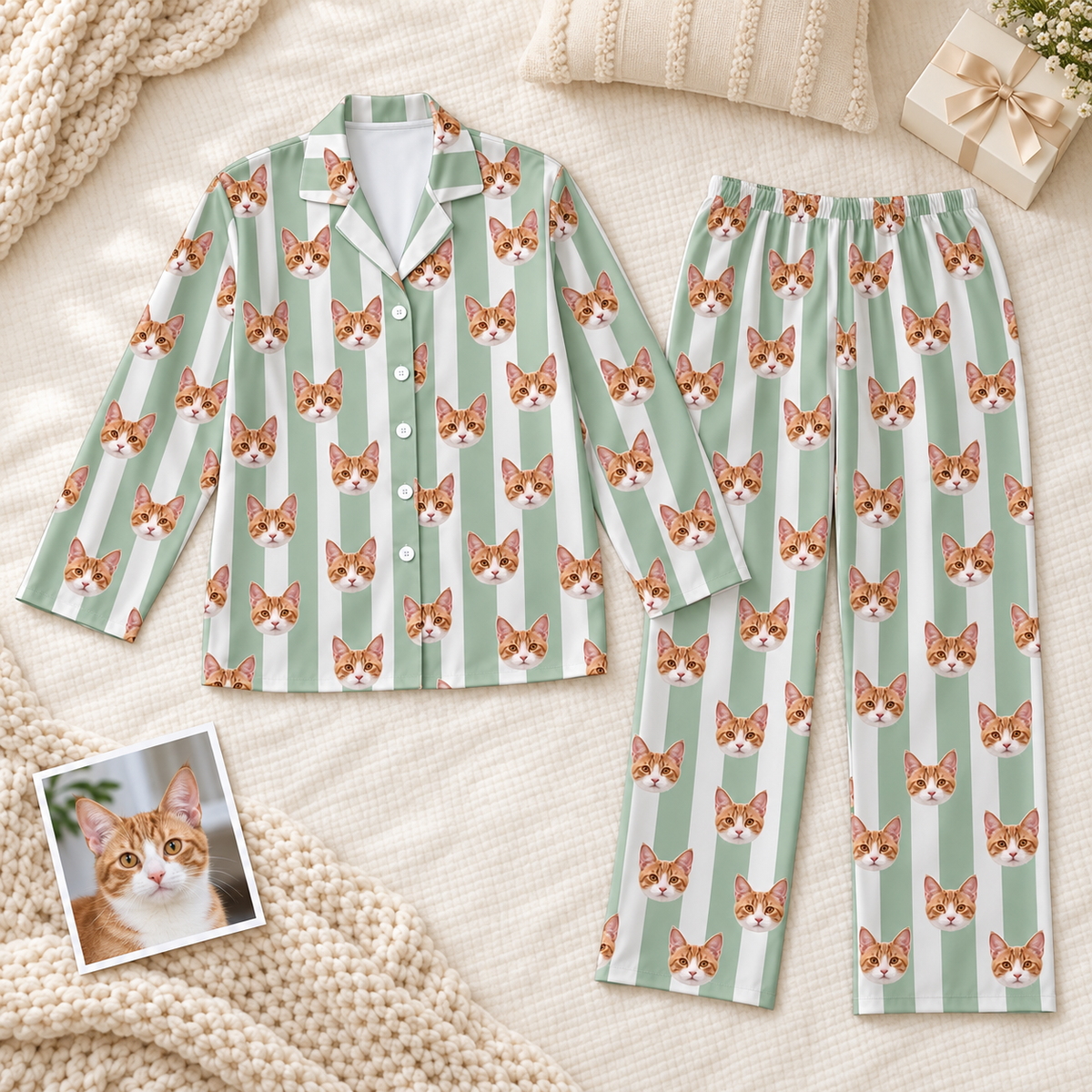 Custom Pet Photo Striped Pajamas – Personalized Dog & Cat Face Sleepwear