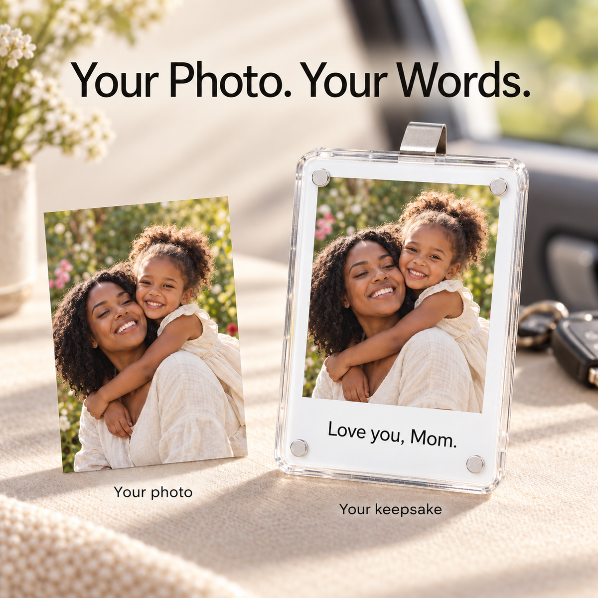 Personalized Photo Car Visor Clip – Custom Acrylic Picture Holder with Optional Text