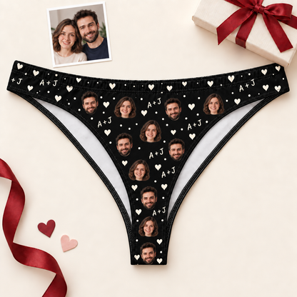 Custom Women's Thong Panties with Couple Photos, Hearts & Initials