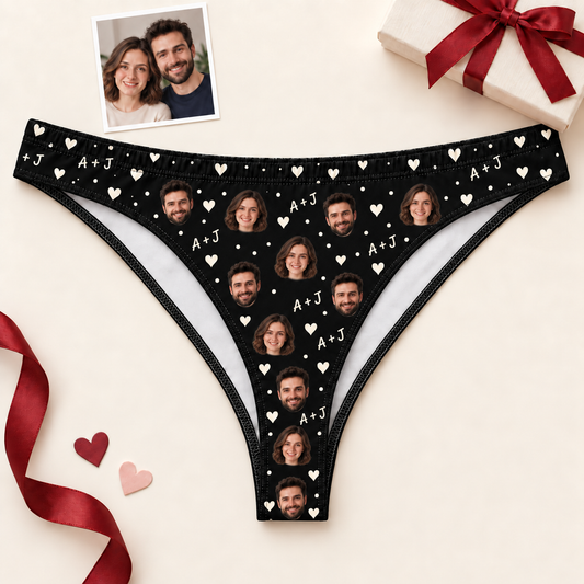 Custom Women's Thong Panties with Couple Photos, Hearts & Initials
