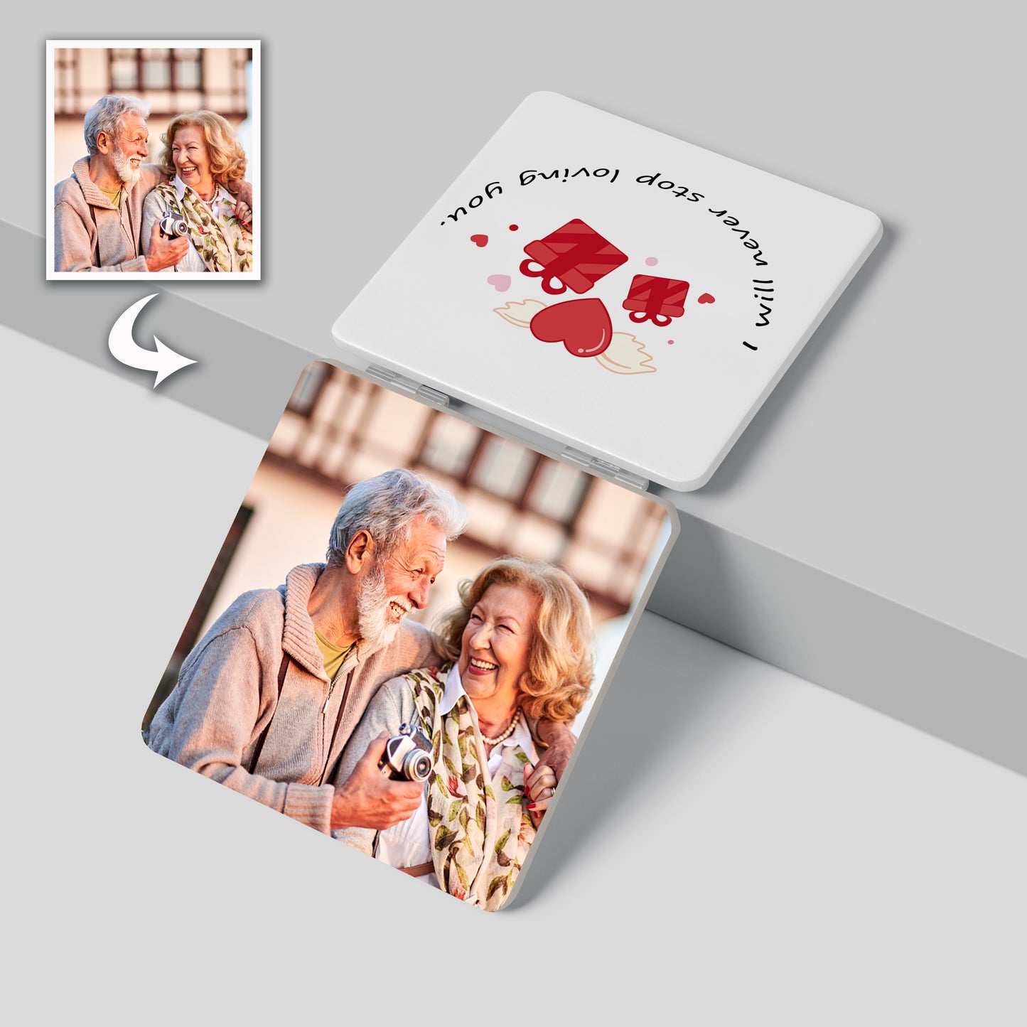 Personalized Compact Mirror: Double-Sided, Foldable, Your Photo & Text