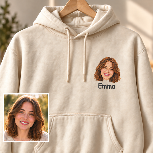 Personalized Portrait Embroidered Hoodie – Custom Face & Name on Left Chest