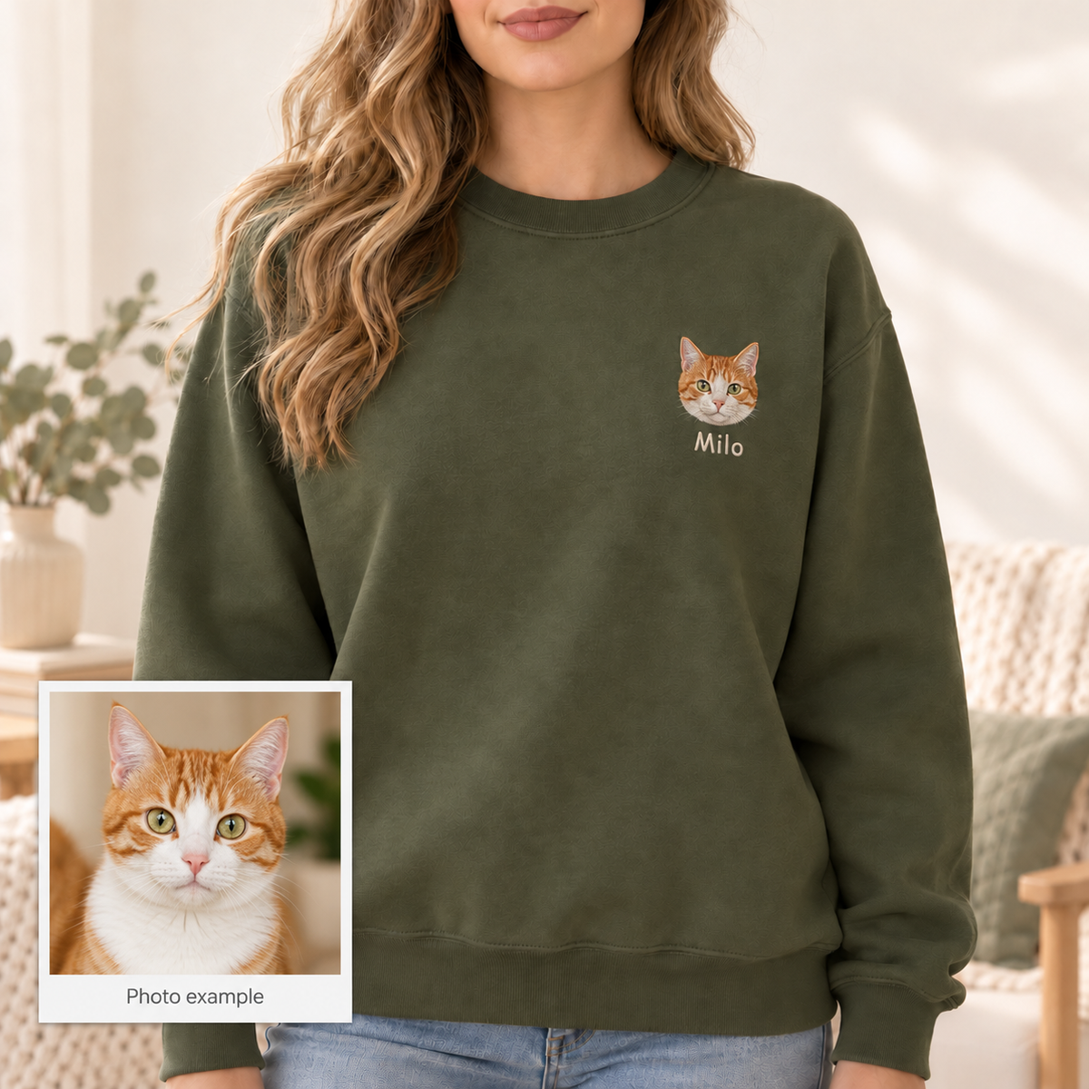 Custom Pet Portrait Embroidered Crewneck Sweatshirt with Name