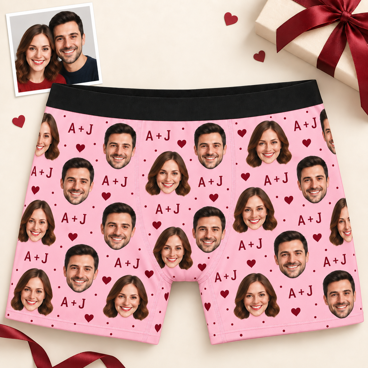 Custom Couple Photo Boxer Briefs for Men with Hearts & Initials