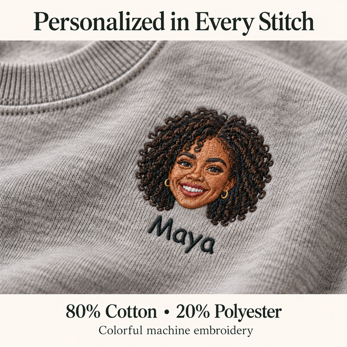 Personalized Portrait Embroidered Crewneck Sweatshirt with Name