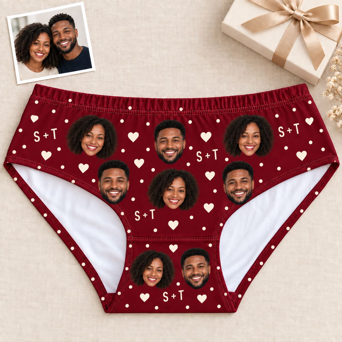 Custom Couple Photo Panties for Women with Hearts & Initials