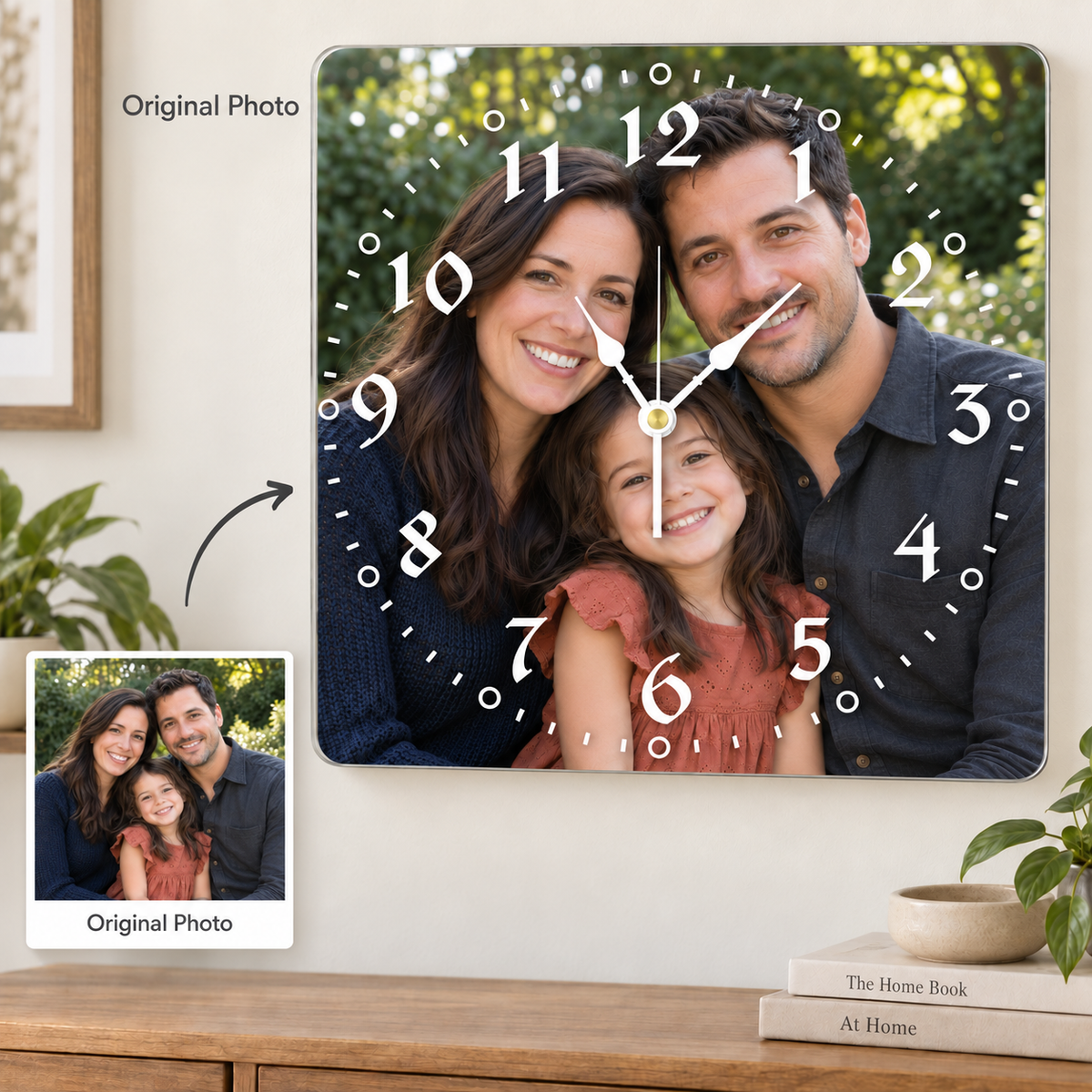 Personalized Square Photo Wall Clock – Original Photo or AI Art