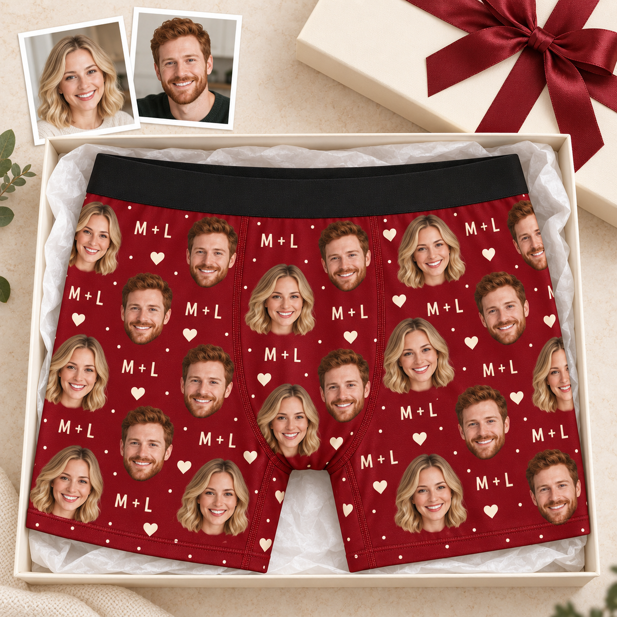 Custom Couple Photo Boxer Briefs for Men with Hearts & Initials