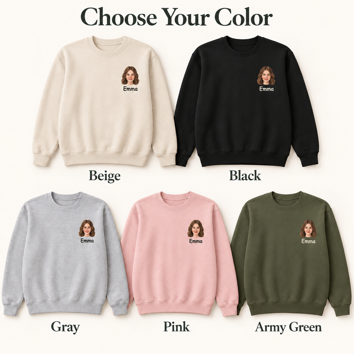 Personalized Portrait Embroidered Crewneck Sweatshirt with Name