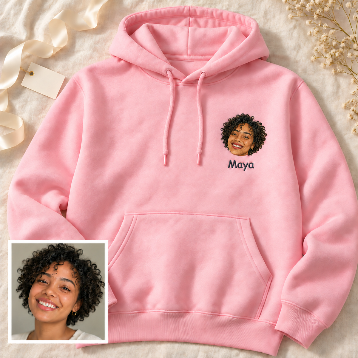 Personalized Portrait Embroidered Hoodie – Custom Face & Name on Left Chest