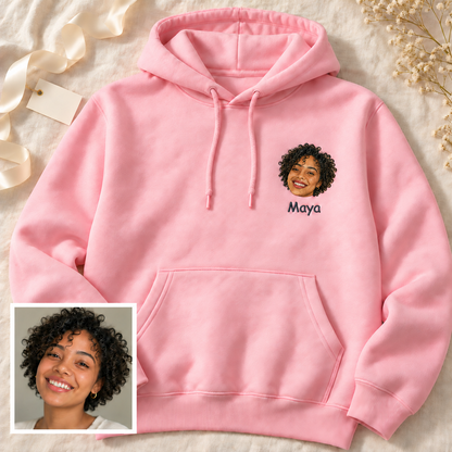 Personalized Portrait Embroidered Hoodie – Custom Face & Name on Left Chest